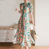 French slim chiffon floral Dress Spring Summer mid-length V neck short-sleeved irregular fishtail Dress Women